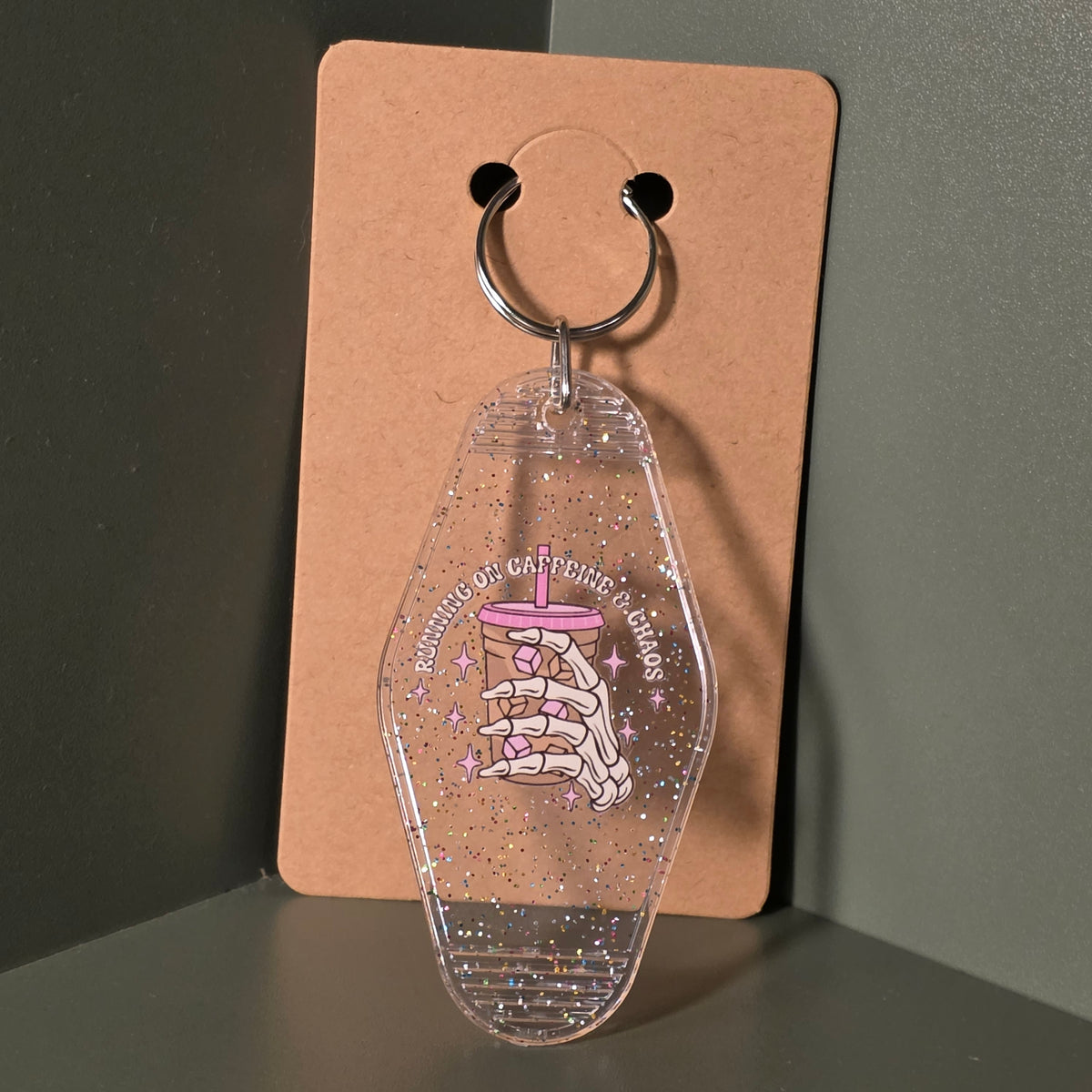 Caffeine & Chaos Glitter Motel Keychain