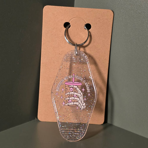 Caffeine & Chaos Glitter Motel Keychain